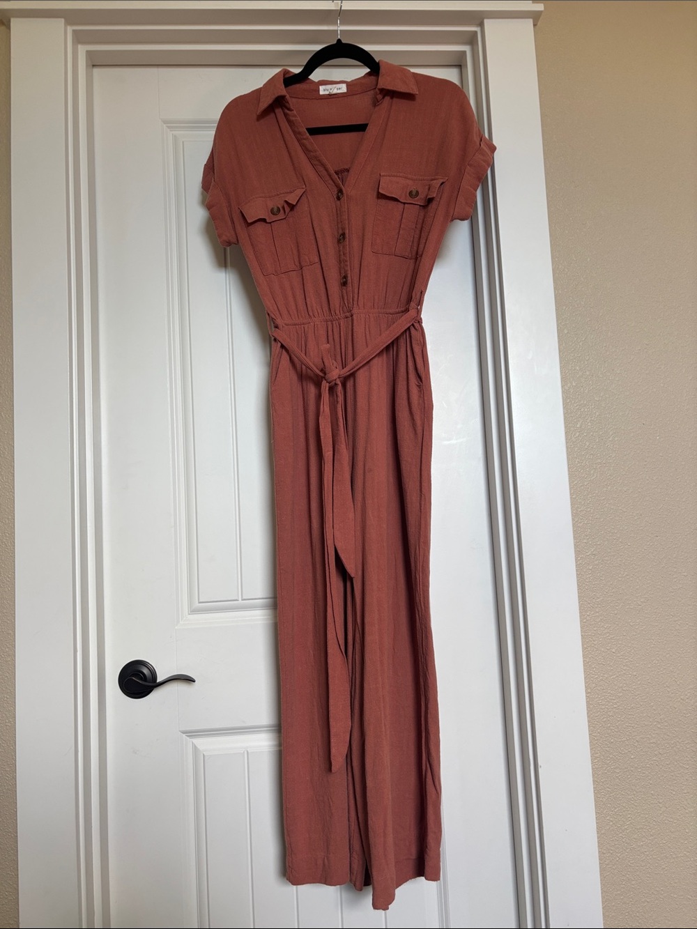 Blu Pepper Rust Button-Front Utility Jumpsuit with Waist Tie